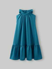 Ontre Vestido suelto y casual para niñas preadolescentes con decoración de moño y volantes en el bajo - Agua verde azul - Ver 6
