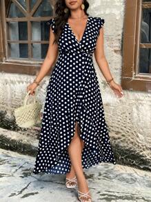 Breezaya Plus Size Women Polka Dot Print Ruffle Hem Split Midi Dress - Navy Blue - View 5