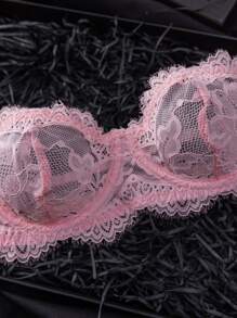 SHEIN 2件套女士蕾丝时尚紧身胸衣性感文胸和内裤内衣套装 - 粉色 - 查看 3