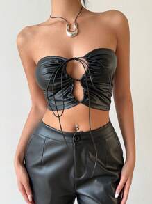 INAWLY Women's Fashion Sexy Drawstring PU Hollow Out Cropped Tube Top - Black - View 5