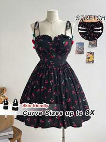 SHEIN CURVE+ 大码女式黑樱桃印花罩杯风格浪漫休闲度假连衣裙波西米亚风度假