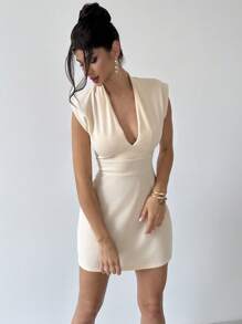 Firerie 杏色深 V 领露肩紧身迷你连衣裙，优雅休闲通勤风格，适合婚礼、情人节、春夏季 - 杏色 - 查看 4