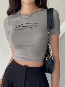 DAZY Slogan Graphic Crop Tee - Light Grey - View 1