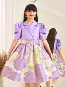 SHEIN Tween Girls 2 件套优雅提花衬衫和裙子套装