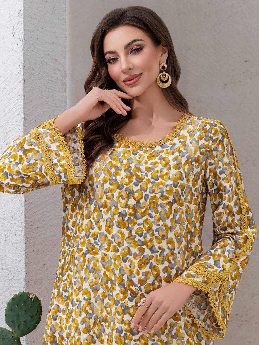 Al Najma Floral Print V-Neck Ruffled Trim Loose Flared Sleeve Arabic Style Dress,Modest - Yellow - View 1
