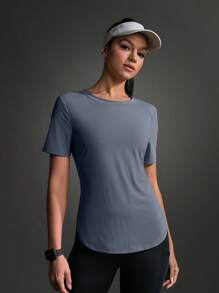Powerista Plain Crew Neck Short Sleeve Simple Sporty T-Shirt, Casual Everyday Wear Gym Women Shirts