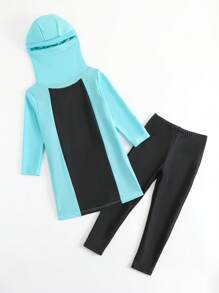 Young Girl Color Block Hooded Swimwear Top And Pants Set - Blue - View 6