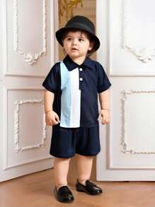 Bộ 2 áo thun polo và quần short cho bé trai/bé gái, áo polo khối màu bất đối xứng, thiết kế mở phía trước tiện lợi, thích hợp mặc ở nhà, chơi ngoài trời, tiệc tùng và mọi dịp - Màu xanh lam - Xem 6