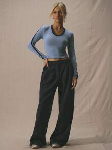 MUSERA Contrast Trim V Neck Fitted Long Sleeved Top Spring Summer Cute Vacation 90's Y2k - Baby Blue - View 5