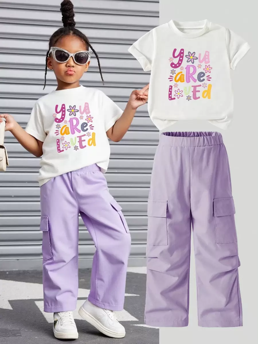 SHEIN Playful Pals Young Girl Summer Casual Letter Pattern Round Neck Short Sleeve Top And Cargo Pants Set - Purple - View 1