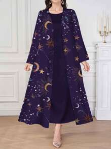 Al Najma Women Moon & Star Print Long Sleeve Open Front Arabian Abaya - Purple - View 5
