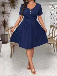 Celure Plus Size Women Solid Color Deep V-Neck Handmade Button Twist Ruched Short Sleeve Casual Midi Dress - Navy Blue - View 6