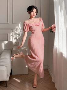 DAZY Váy midi họa tiết ren Jacquard cổ vuông viền xếp nếp chắp vá cho mùa cưới dành cho nữ Đầm suông - Hồng - Xem 1