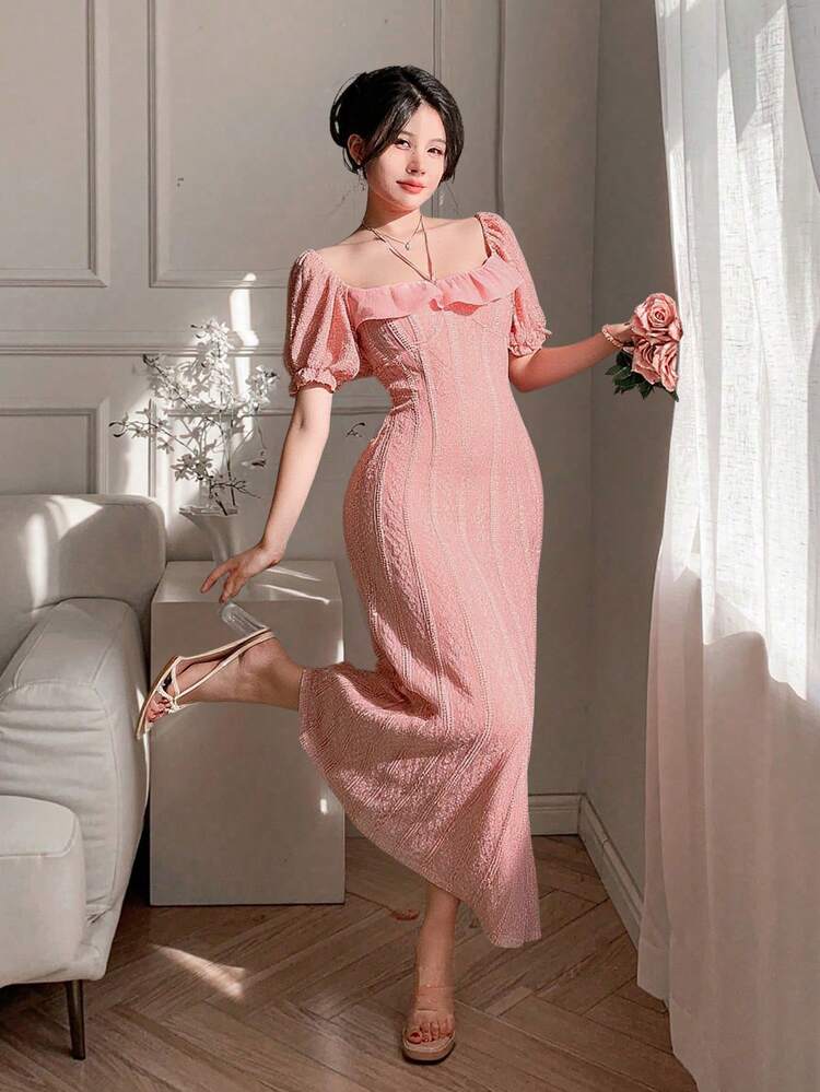 Wedding Season Texture Lace Jacquard Square Neck Collar Ruffle Hem Patchwork Midi Dress For Women Sundress