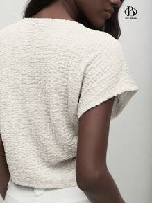 BizChic 2025 年夏季新款蝙蝠袖褶皱纹理泡泡绉衬衫 T 恤女士，浪漫优雅日常休闲商务通勤海滩度假适合婚礼嘉宾、乡村音乐节、早午餐、机场，90 年代复古 - 米色 - 查看 5