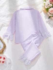 2pcs Girls Elegant Light Purple Chiffon Accent Long Sleeve Top & Long Pants Casual Comfortable Pajamas Sets - Mauve Purple - View 2