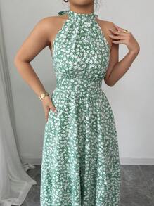Elenzga Women's Green Ditsy Floral Halter Neck Backless Gathered Waist Casual Vacation Midi Dress