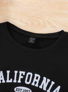 Teen Girl Letter Print Round Neck Short Sleeve Top And Distressed Denim Jeans 2pcs Casual Set