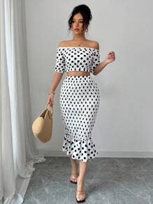 Elenzga Elegant Sexy Bohemian Off Shoulder Two-Piece Set: Polka Dot Frill Hem Cropped Top - White - View 3