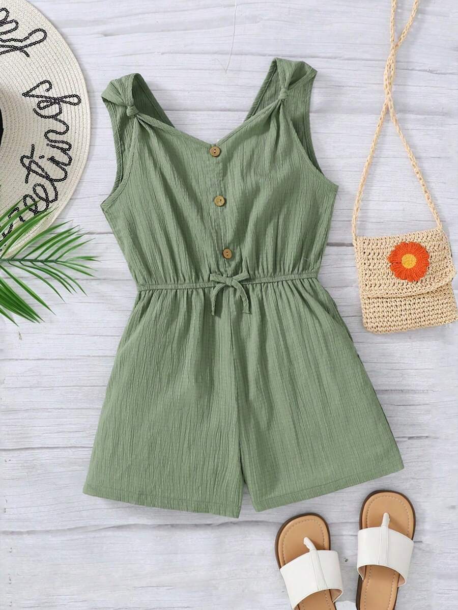 SHEIN Tween Girls Twist Vest-Style Casual Jumpsuit With Front Buttons Decorated In Woven Texture Material, Mint Green, Suitable For Spring Outings, Pastoral Style, Garden Afternoon Tea, Casual Outings, Back To School, Mommy And Me Matching Outfits