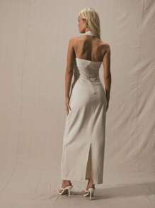 MUSERA Trägerloses Maxikleid mit falscher Tasche, figurbetonter Passform, Frühling Sommer, süß, Urlaub, elegant, sexy, Strand, Braut, Junggesellinnenabschied, Hochzeit, langes Kleid - Weiss - Übersicht 4