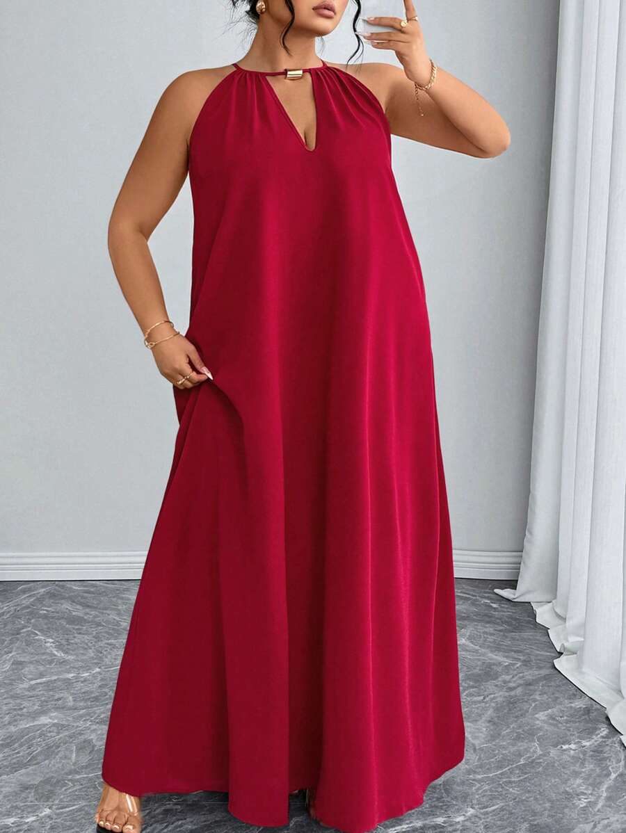 SHEIN CURVE+ Plus Size Solid Color Hollow Neck A-Line Dress - Red - View 1