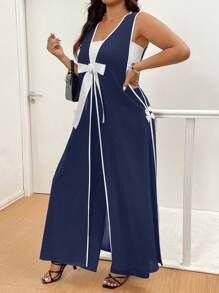 SHEIN LUNE Plus Size Colorblock Bow Decor Long Vest Jacket + Black Pants Elegant Commuting Outfit - Blue - View 5