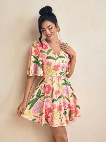 Miriam Omar Pink Floral Print V-Neck Butterfly Sleeve Tie Back Mini Dress Spring And Summer Dress For Women Vacation Sundress, Rave, Pastel, Prom Dress - Pink - View 3