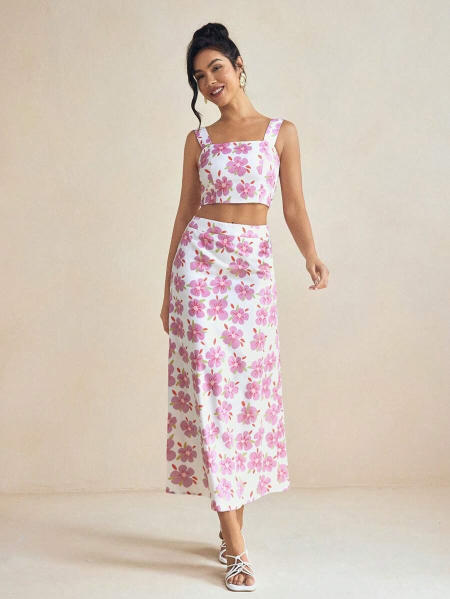 Miriam Omar Designer Floral Cami Crop Top With A-Line Skirt Set Spring And Summer Outfits - Multicolor - View 1