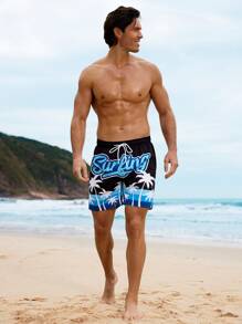 Surfspeed Men's Palm Tree Print Drawstring Waist Casual Beach Shorts Men Swim Trunks - Black - View 5