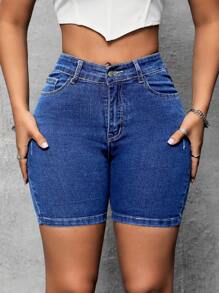 SHEIN SXY Women's Casual Washed Slim-Fit Denim Shorts - Dark Wash - View 7