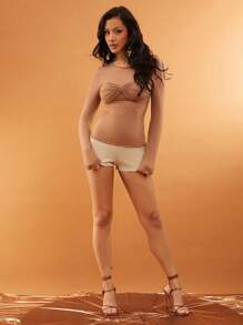 SHEIN Unity Top Long Sleeve Brassiere Lettuce Hem Swoop Neck Summer Event Top Music Festival Elegant Vacation Spring Break Brunch Party Thanksgiving Christmas NYE New Years Eve Outfits For Women - Brown - View 4