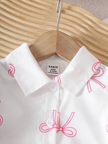 SHEIN Playful Pals 女宝宝韩版可爱全蝴蝶印花短袖翻领衬衫和白色梭织喇叭裤两件套，夏季 - 黑色 - 查看 5