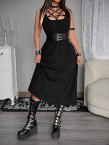 Whyspr Grunge Punk Rave Style Loose Plus Size Dark Gothic Strap Dress - Black - View 6