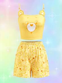 SHEIN X Care Bears Conjunto de pijama de top de tirantes con diseño de orejas 3D y estampado de oso Funshine y shorts con estampado de estrellas, en estilo casual y adorable, para primavera y verano