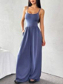 Flirla Bộ đồ liền thân ống rộng không tay phong cách Âu Mỹ gợi cảm - Màu xanh lam - Xem 5