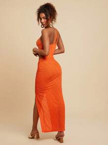 Travachic Vestido de mujer con abertura alta, escote asimétrico, cordón y diseño en unicolor, ideal para vacaciones - Vestido de mujer, conjunto de fiesta de mujer, vestido de noche de mujer, elegante, para vacaciones - Naranja - Ver 2
