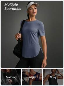 Powerista Plain Crew Neck Short Sleeve Simple Sporty T-Shirt, Casual Everyday Wear Gym Women Shirts