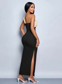 SOLERSUN 四季女装婚礼聚会派对优雅黑杏色拼接不对称单肩无袖聚拢侧开衩针织超长连衣裙 - 黑色 - 查看 2