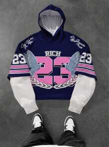 Manfinity EMRG Men's Letter & Pigeon Print Hooded Baseball Sweatshirt With 2 In 1 Design, Casual For Autumn - Multicolor - View 1