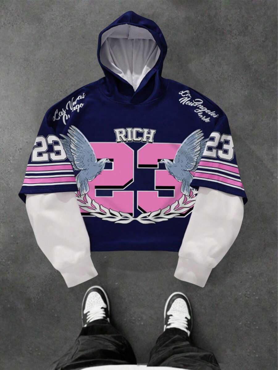 Manfinity EMRG Men's Letter & Pigeon Print Hooded Baseball Sweatshirt With 2 In 1 Design, Casual For Autumn - Multicolor - View 1