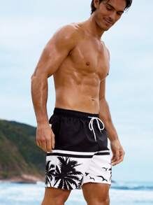 Surfspeed Men's Solid Color Patchwork Front Tie Pockets Casual Beach Pants Men Swim Trunks,Hawaiian - Black and White - View 5