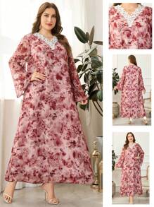 Al Najma Plus Size Loose Minimalist Printed Casual Dress - Red - View 1