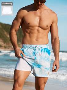 CoralVoy Shorts Casual de Praia com Cordão na Cintura e Estampa Tie-Dye Masculina - Azul e Branco - Visão 1