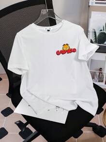 GARFIELD X SHEIN Casual Loose Round Neck Short Sleeve White T-Shirt With English Cartoon & Plaid Print, Suitable For Summer