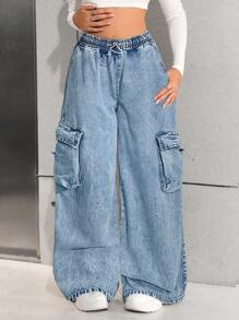 SHEIN Nastolatki Dziewczęta Y2K Wiosna Lato Vintage Jednolity Lekki Prany Ściągacz w Pasie Szerokie Nogawki Cargo Baggy Bawełniane Miękkie Spodnie Cargo Jeans, Dziewczęce Letnie Ubrania Powrót Do Szkoły Streetwear Stroje, Plaża Boho Koncert Spodnie Baggy Stroje Rave Festiwal, Strój Ukończenia Szkoły