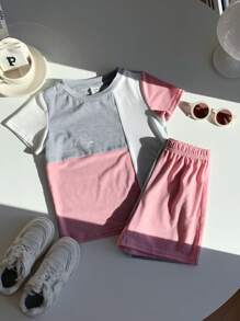 2 Pieces Set Young Boys Casual Sports College Artistic Style Retro Multi-Color Stitching Round Neck T-Shirt And Shorts Suit Suitable For Young Boy Clothing Young Boy Clothes Back To School Boy Suit Suitable For Birthday Parties, Evening Parties, Performances, Weddings, Baptisms, Opening Ceremonies, Daily Suitable For School Suitable For Travel Suitable For Vacation Suitable For Spring And Summer - Pink - View 7