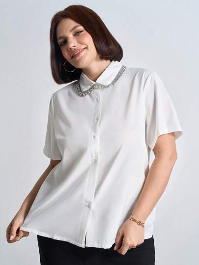 Chikora 大码女式夏季宽松优雅短袖衬衫，带水钻装饰，适合女性办公室服装