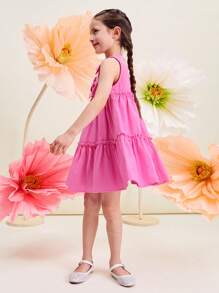 SHEIN Vestido lindo sin mangas de cuello redondo con decoración de lazo rosa para niña, ocasión, boda - Rosa - Ver 2