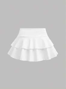 SHEIN 2pcs Set Teen Girls Blue & White Floral Print Crop Top With Ruched Asymmetrical Hem Layered Skirt Holiday Outfits